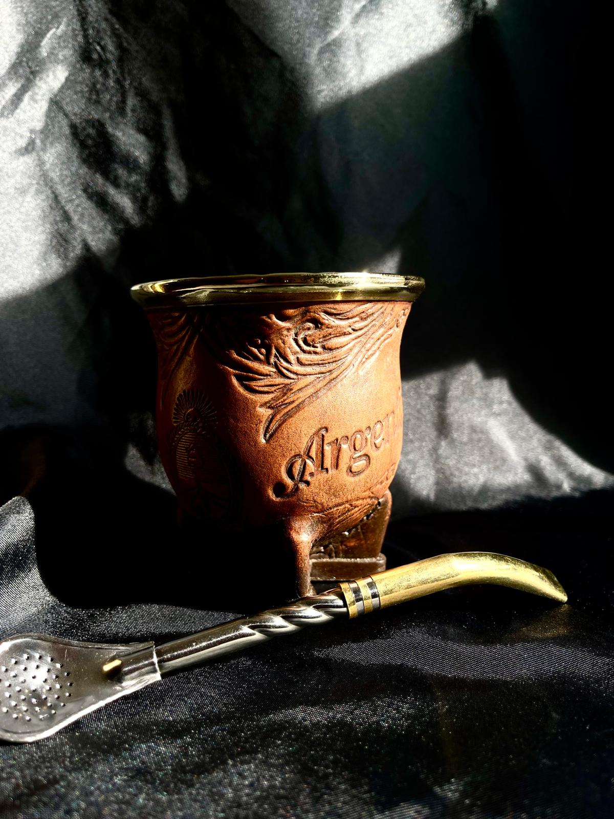 Camionero Mate Gourd - Handmade in Argentina - Genuine Leather - Hand-Chiseled Alpaca Rim -Argentine Coat of Arms - Luxury Artisan Mate