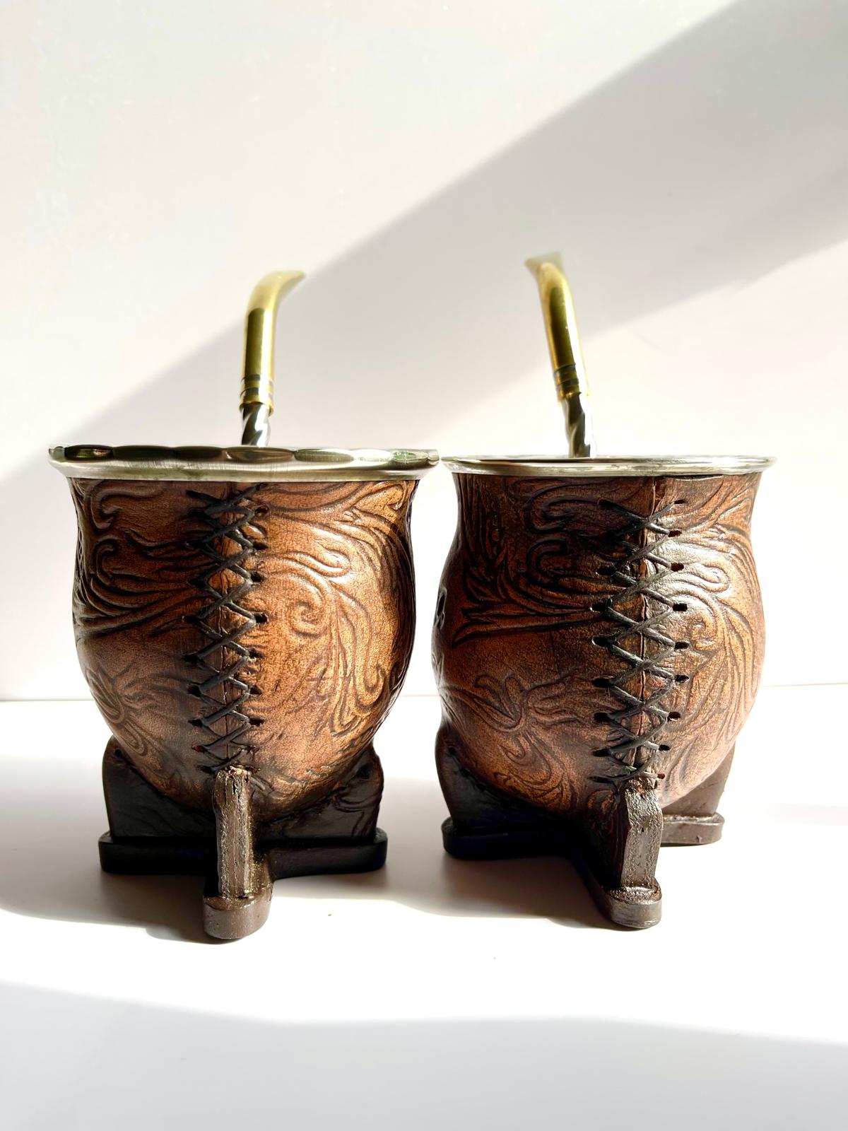 Camionero Mate Gourd - Handmade in Argentina - Genuine Leather - Hand-Chiseled Alpaca Rim -Argentine Coat of Arms - Luxury Artisan Mate