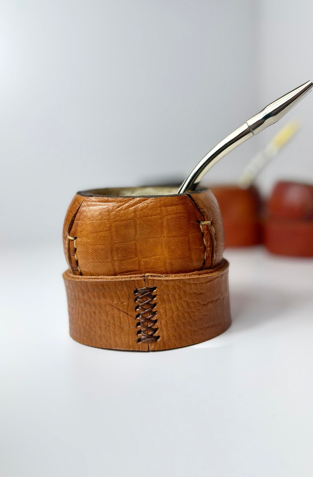 Mate Galleta – Handmade Leather Wrapped Calabash with Matching Base, ARGENTINA