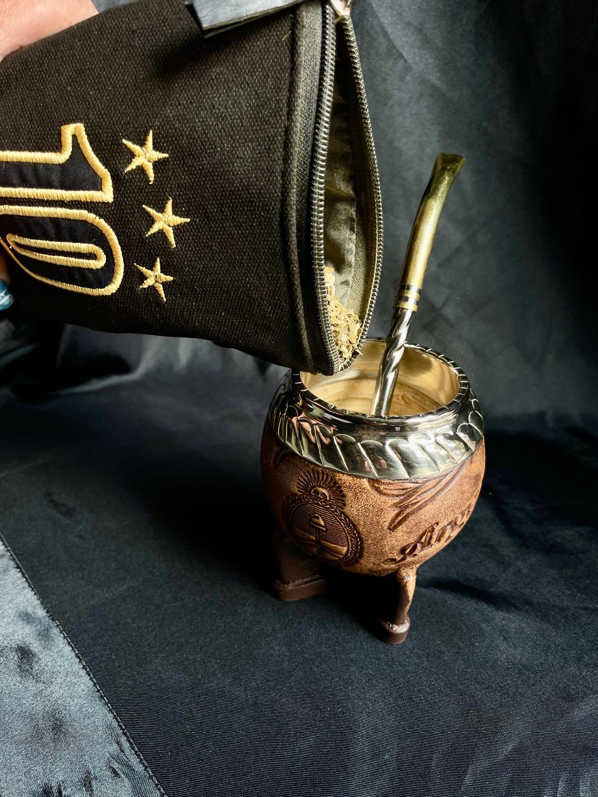 Torpedo Mate Gourd-Handmade in Argentina-Genuine Leather-Hand-Chiseled Alpaca Rim-Argentine Coat of Arms-Luxury Artisan Mate