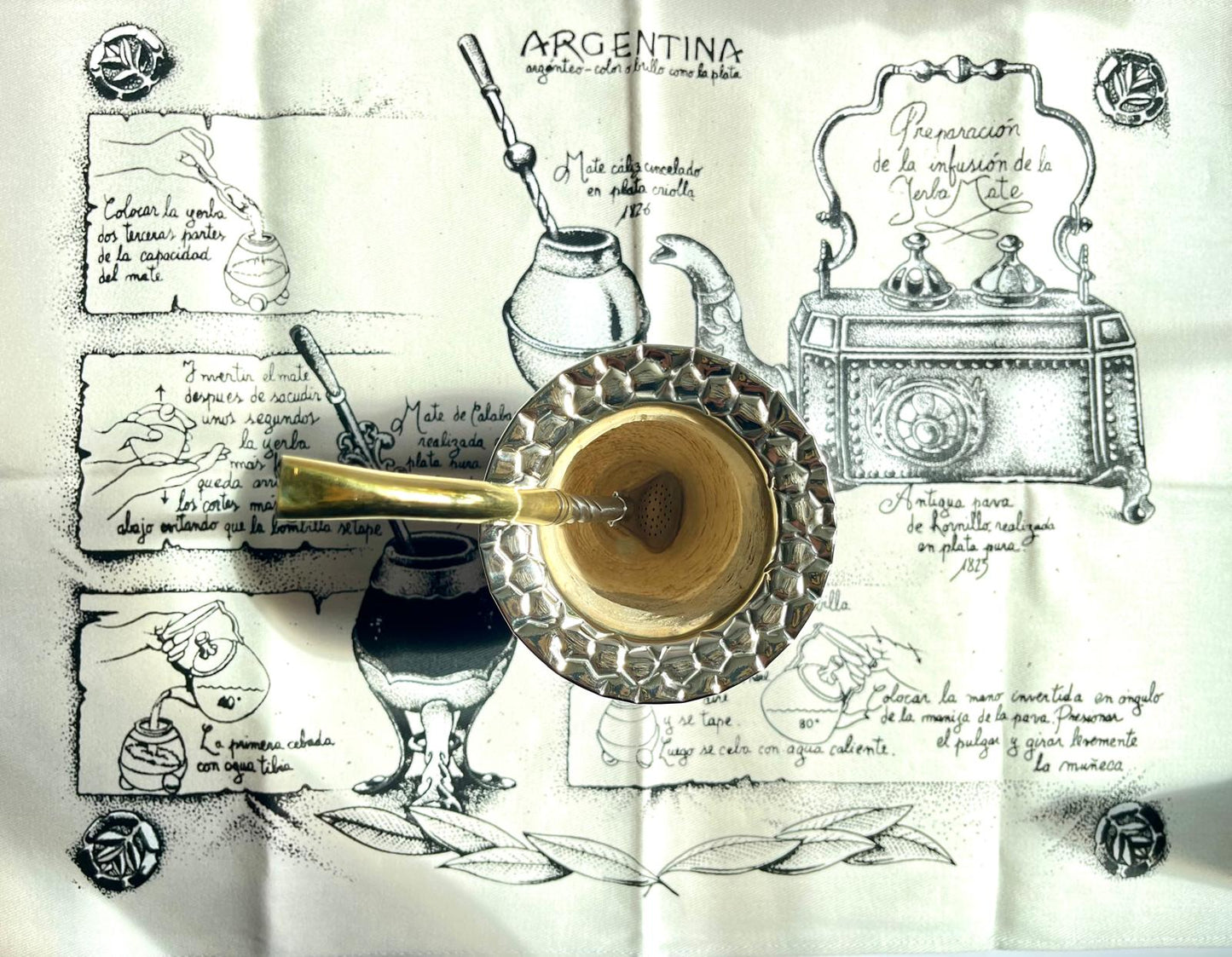 Premium Imperial Mate Gourd-Genuine Leather-Chiseled Alpaca Rim-Argentine Coat of Arms