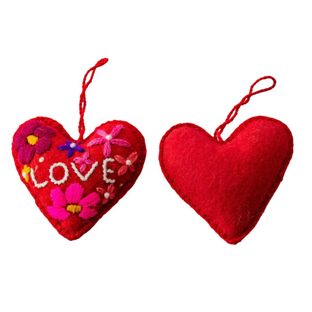 Love Heart Embroidered Felted Wool Ornament - Mexico