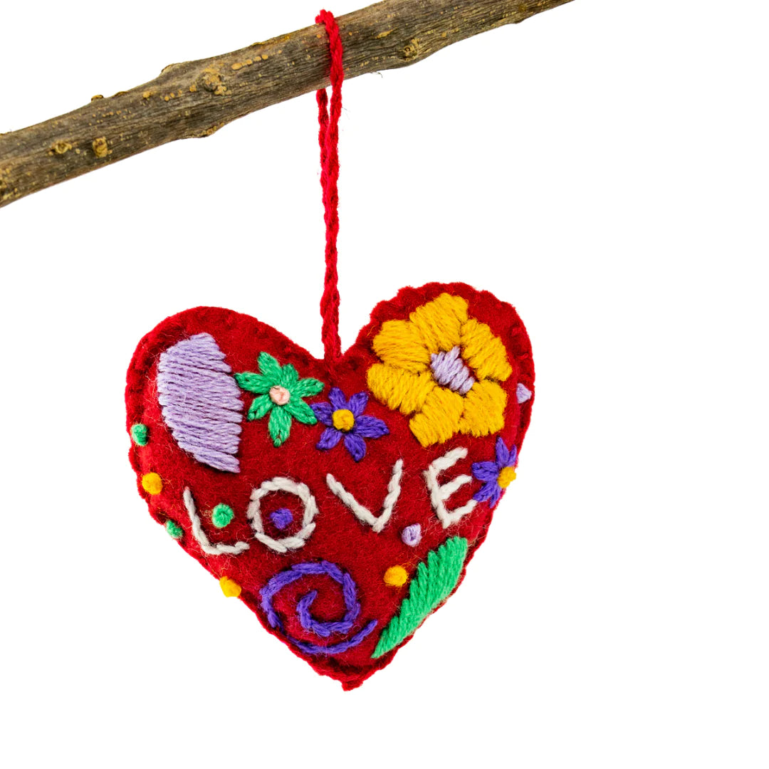 Love Heart Embroidered Felted Wool Ornament - Mexico