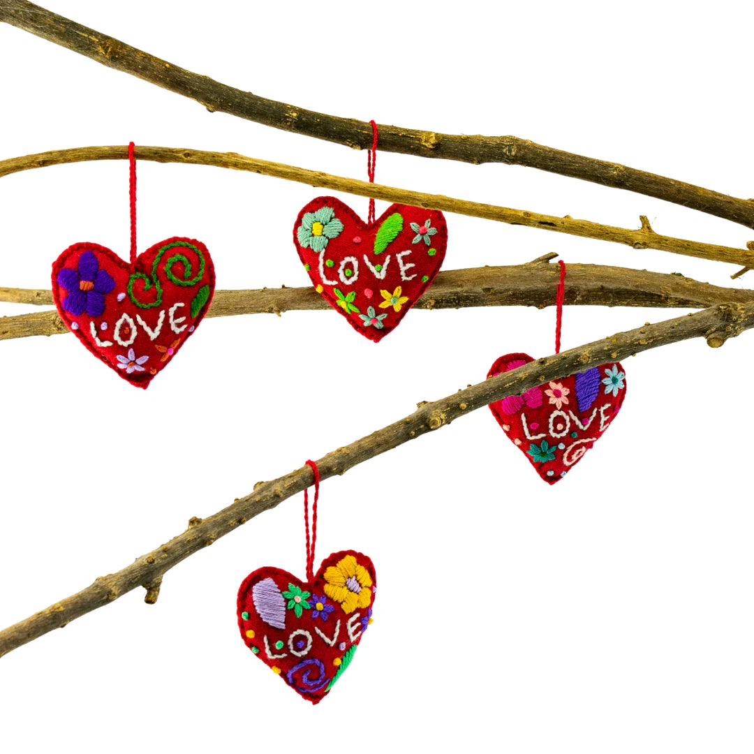 Love Heart Embroidered Felted Wool Ornament - Mexico