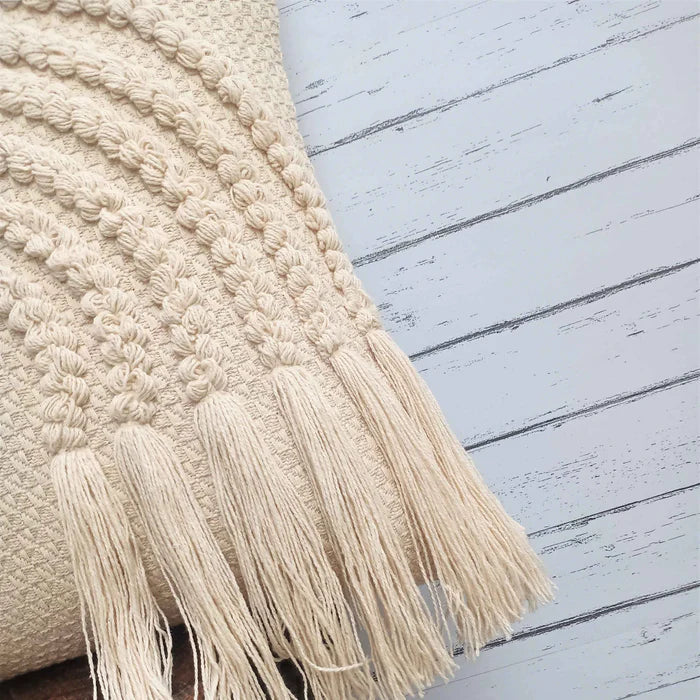 Hand Tufted Fringes Boho - Ivory - Pillow Cover, India
