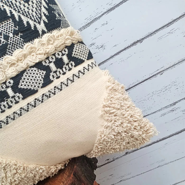 Hand Tufted Jacquard Texture  - Boho Stripe Pillow Cover - Ivory and Black, India