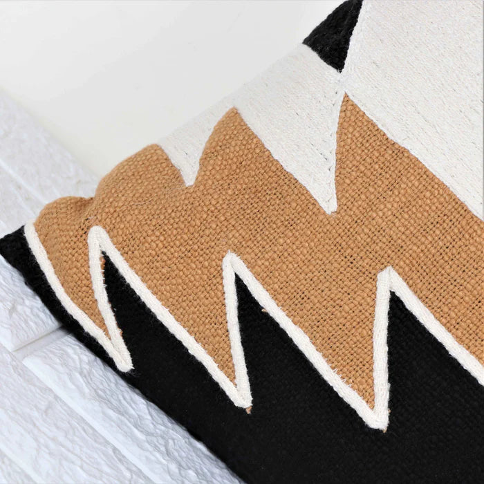 Hand Tufted Texture Boho Patch Work - Black, Ivory  and Mustard - Pillow Cover