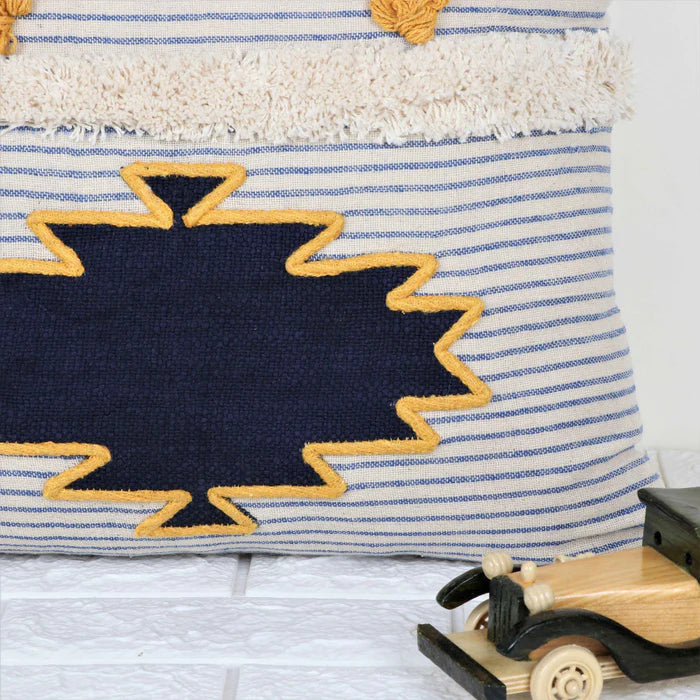 Hand Tufted Texture Boho Patch Work - Black, Ivory, Denim and Mustard - Pillow Cover