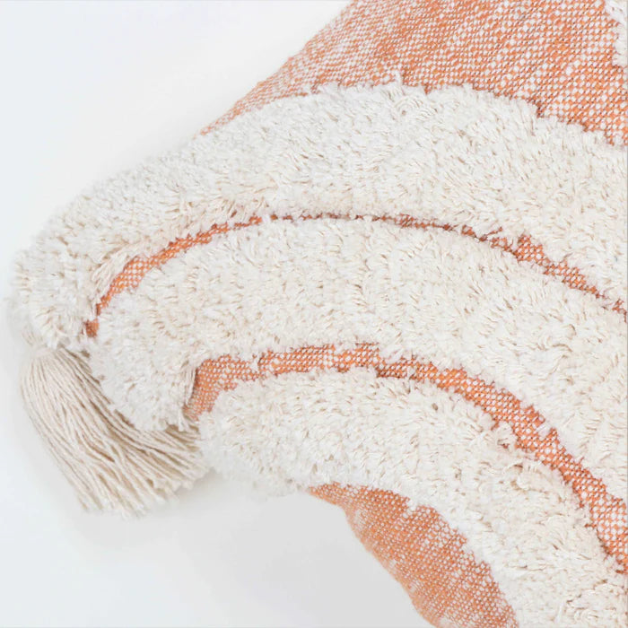Hand Tufted Texture Boho - Peach and Ivory Fringe - Pillow Cover, India