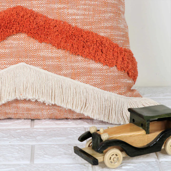 Hand Tufted Texture Boho - Peach, Orange and Ivory Fringe - Pillow Cover, India
