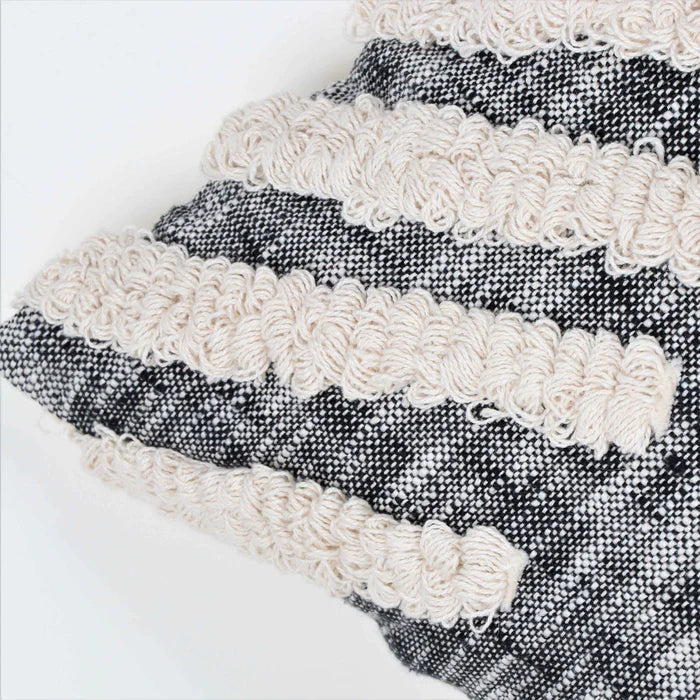 Hand Tufted Texture Boho - Black And Ivory - Pillow Cover, India