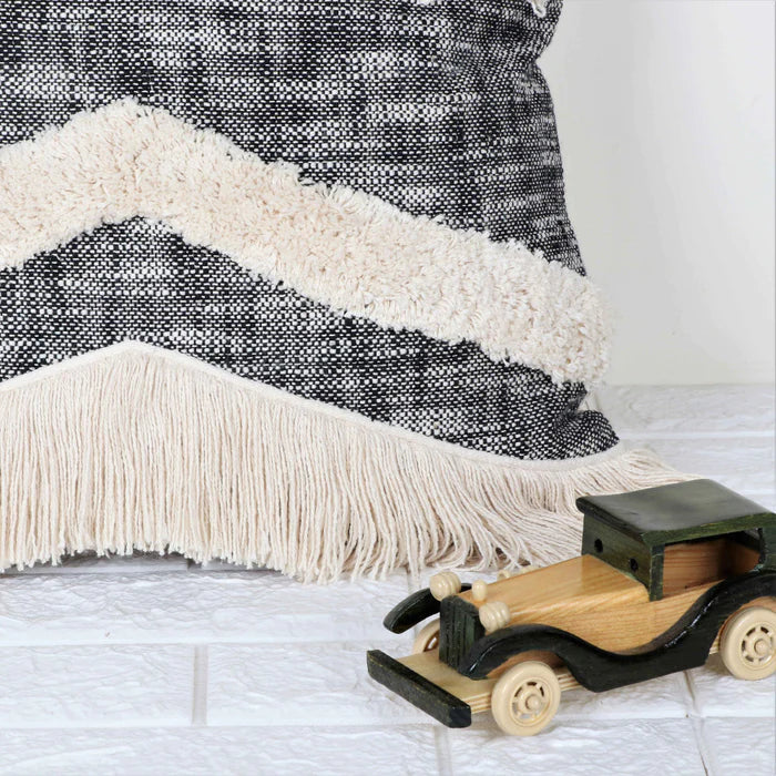 Hand Tufted Texture Boho - Black And Ivory - Pillow Cover, India